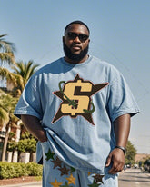 Plus Size Men Street Fashion Star Sticker Art Denim T-shirt Pants Suit